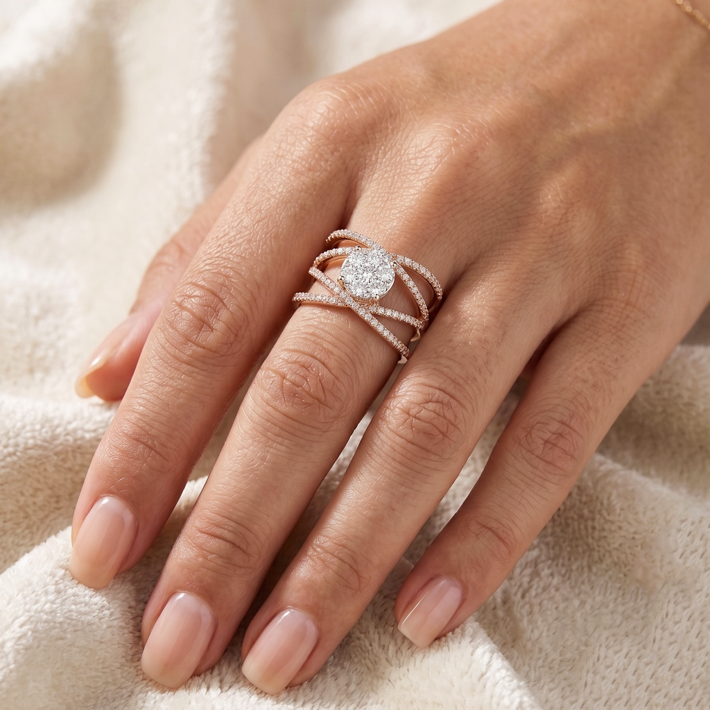 CZ Stacking Band Ring, Rose Gold Plated Statement Ring, Round CZ Cluster Ring, Criss Cross Bridal Ring, Sparkling Cocktail Ring for Women