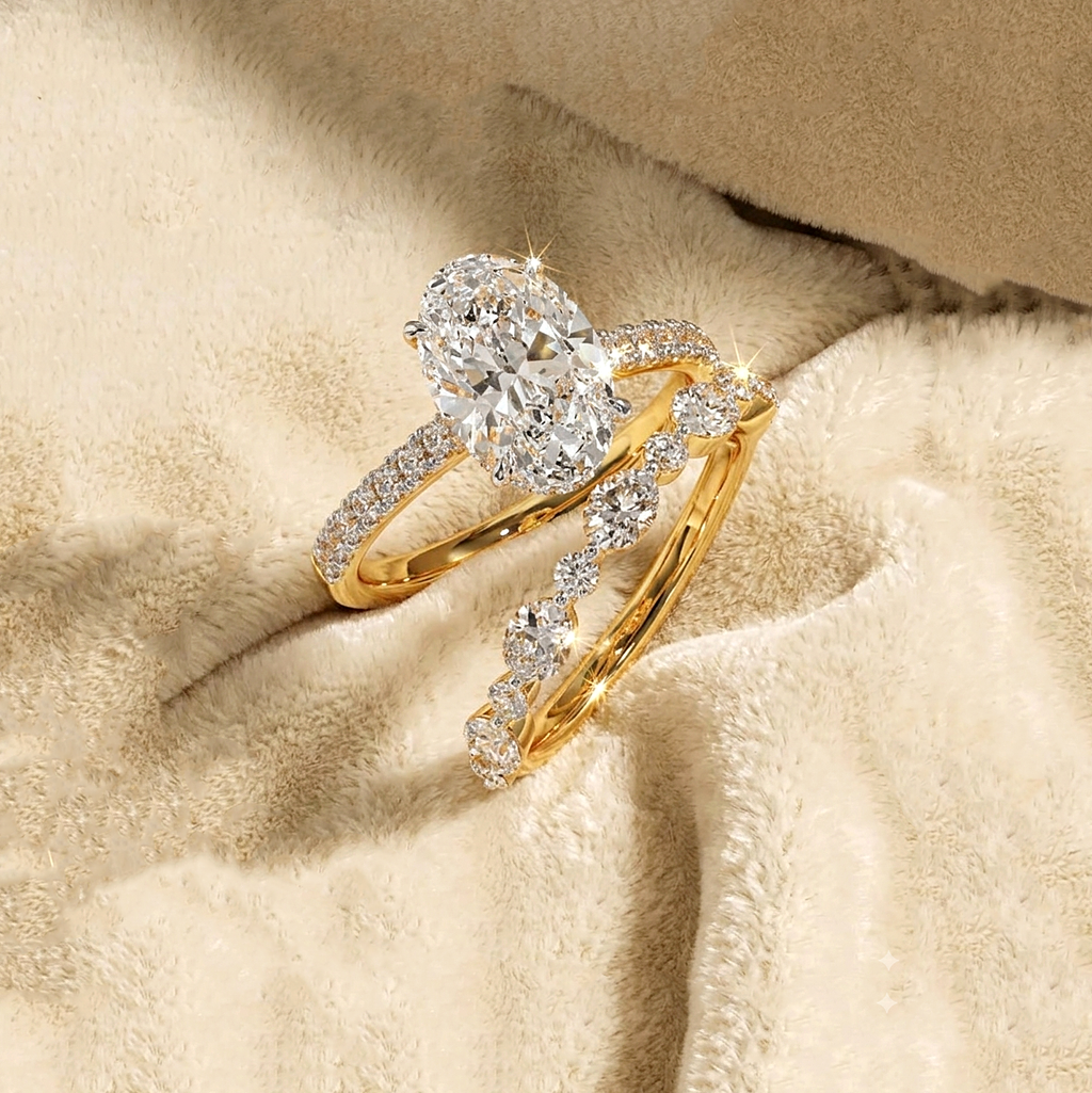 CZ Stacking Band Ring, 925 Sterling Silver Oval CZ Engagement Ring, Yellow Gold Plated Bridal Ring Set, Sparkling Wedding Ring for Women
