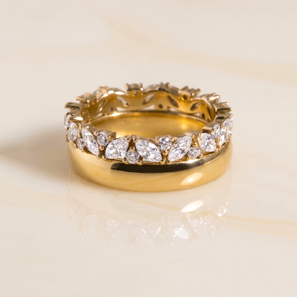 CZ Stacking Band Ring, 925 Sterling Silver Marquise CZ Ring, Yellow Gold Plated Wide Band, Leaf Wedding Ring, Anniversary Ring for Women