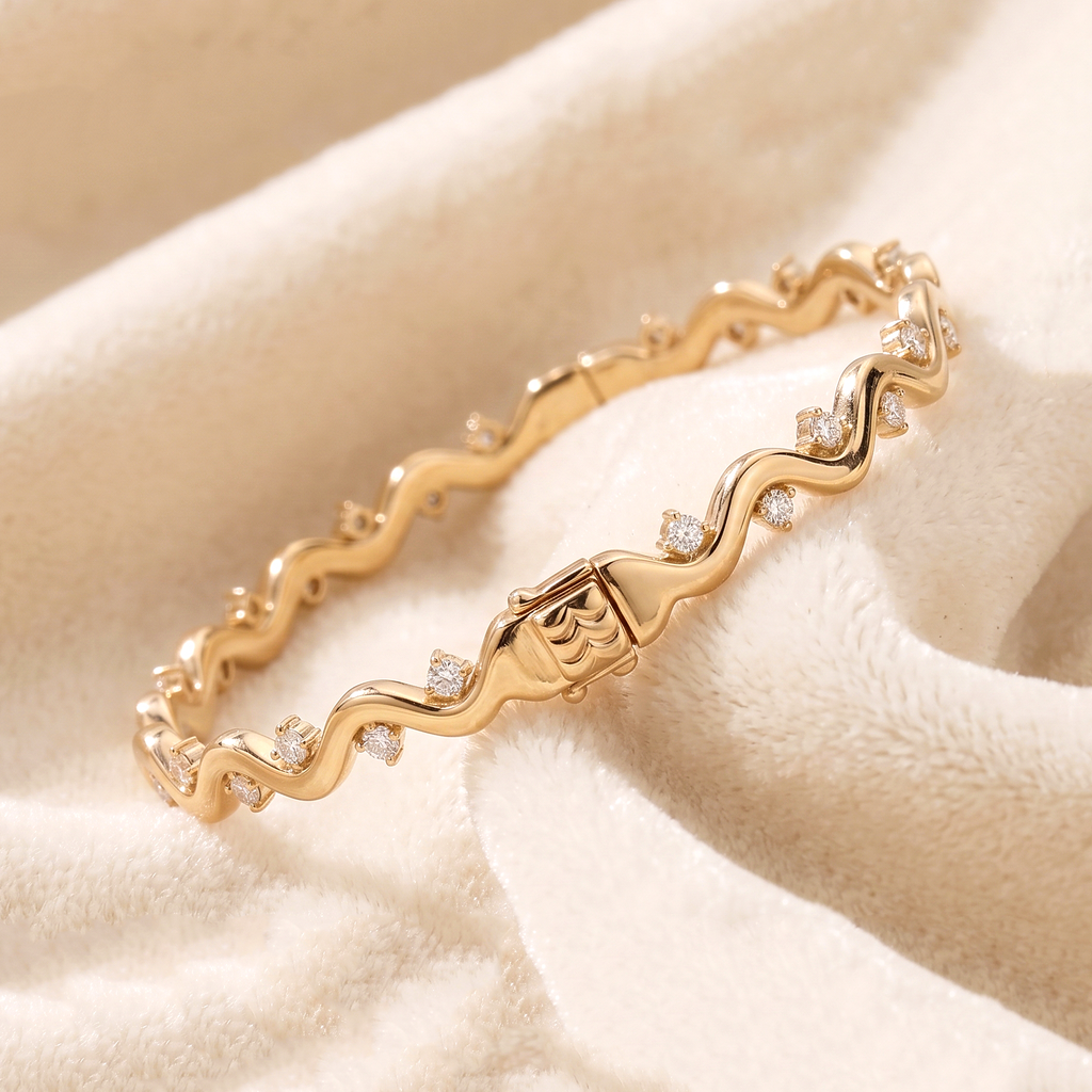 CZ Wave Bangle Bracelet, 925 Sterling Silver Bracelet, Round CZ Hinged Bangle, Gold Finish Statement Bracelet, Gift for Her