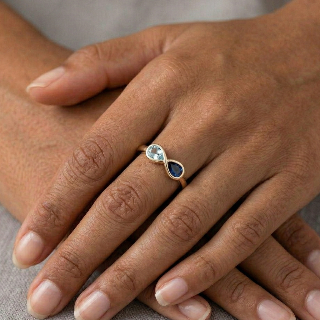 Blue Sapphire & Aquamarine Infinity Ring | Handmade Yellow Gold Plated Ring | Minimalist Jewelry | Birthday Gift.