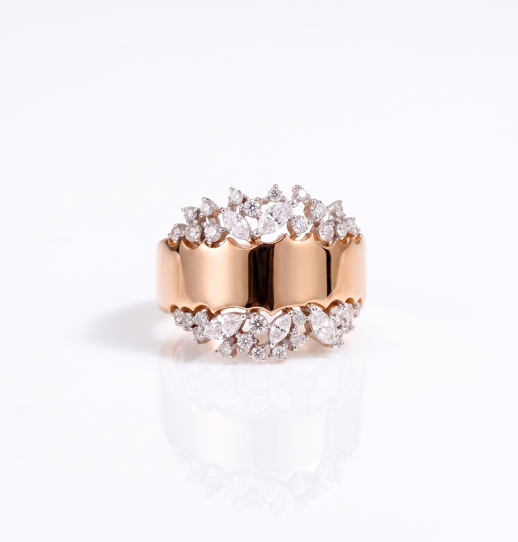 CZ Statement Ring, 925 Sterling Silver Wide Band Ring, Floral Leaf CZ Ring, Rose Gold Plated Cocktail Ring, Sparkling Wedding Ring for Women