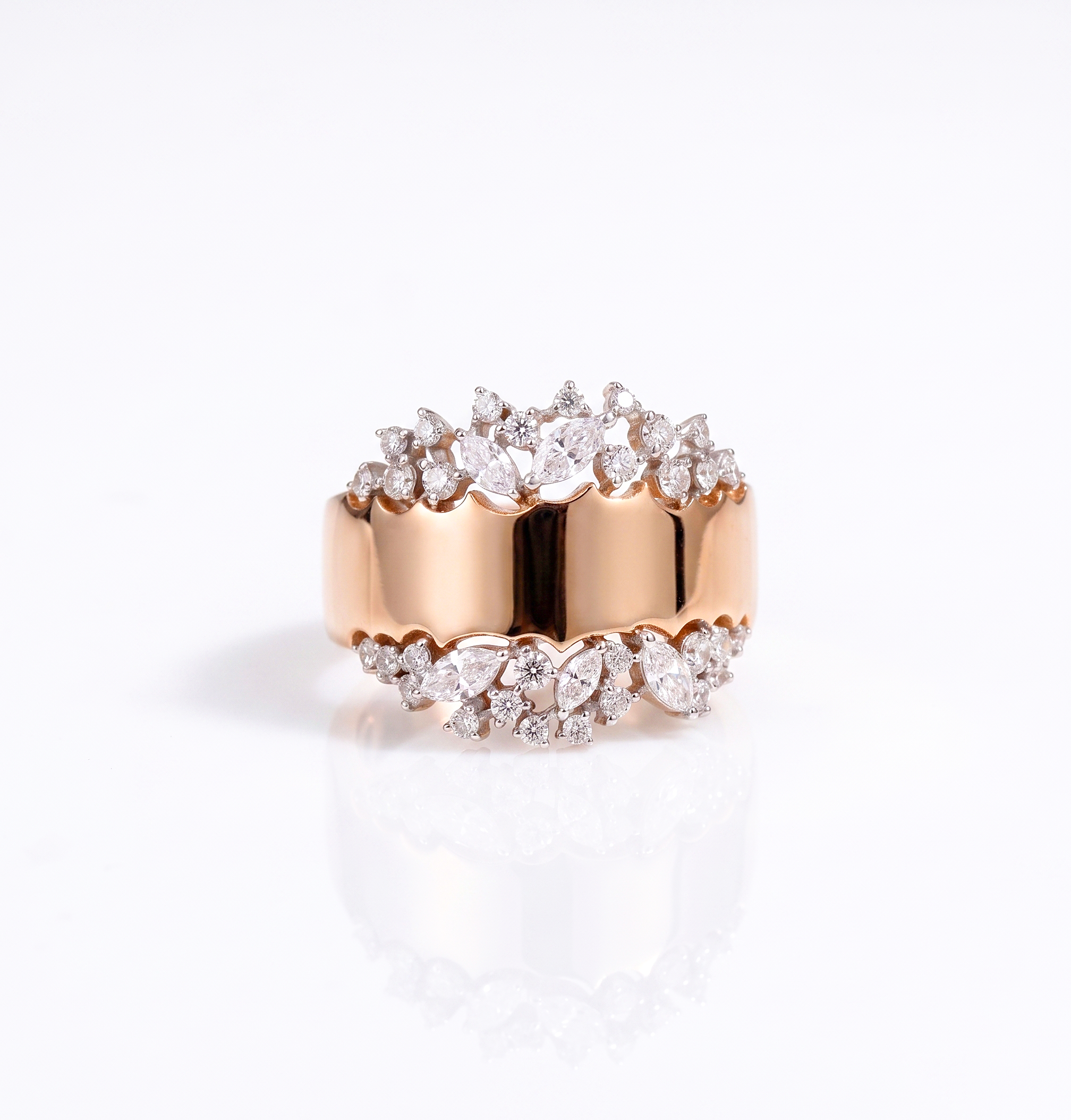 CZ Statement Ring, 925 Sterling Silver Wide Band Ring, Floral Leaf CZ Ring, Rose Gold Plated Cocktail Ring, Sparkling Wedding Ring for Women