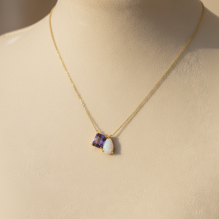 Natural Amethyst & Opal Necklace | Handmade 925 Sterling Silver Necklace | Minimalist Fine Jewelry.