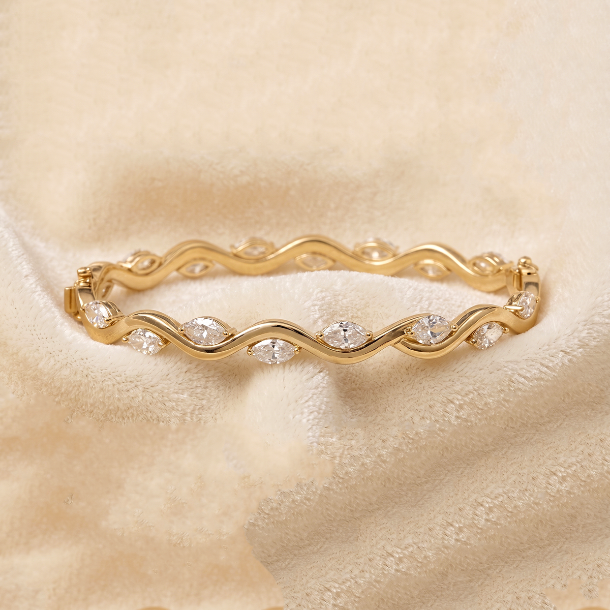 CZ Silver Bangle Bracelet, Marquise Stone 925 Sterling Silver Bracelet, Wavy Hinged Bangle, Dainty Bridal Jewelry, Gift for Her