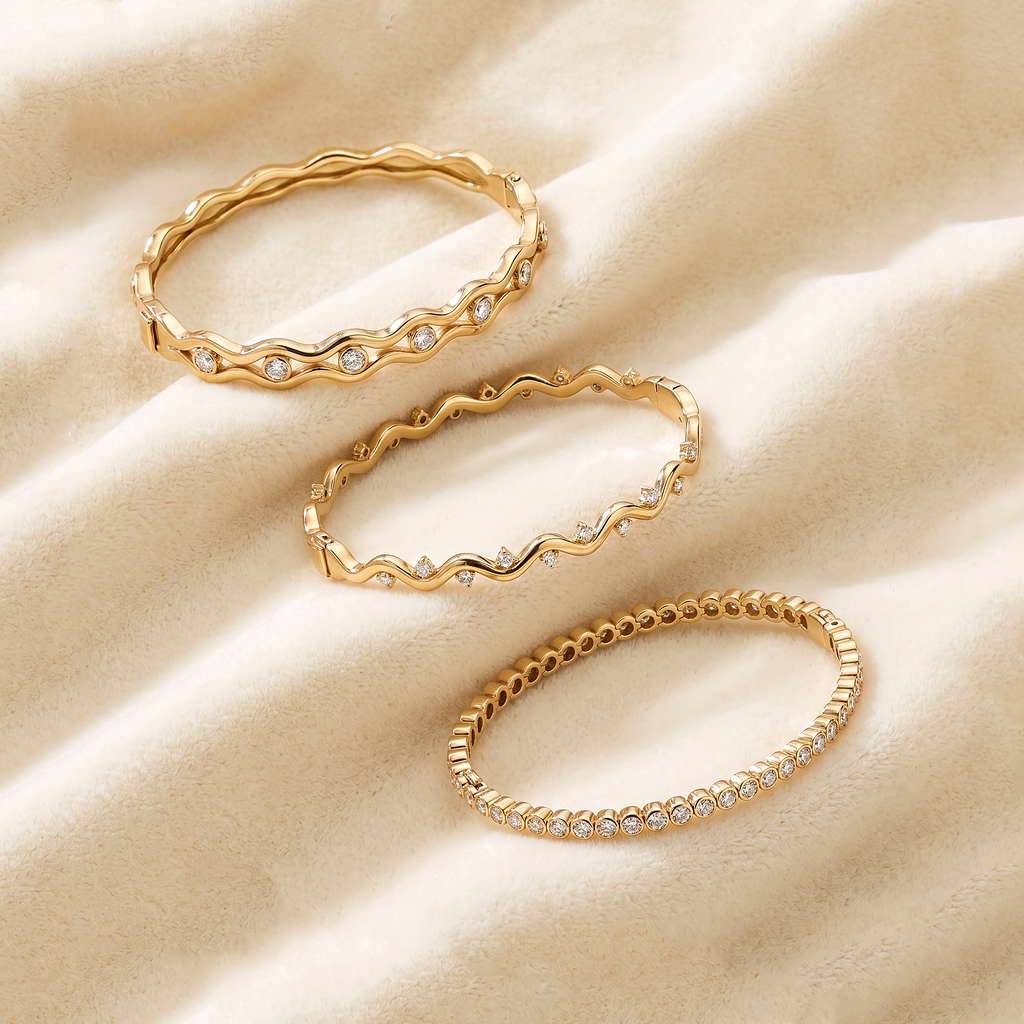 CZ Wave Bangle Bracelet, 925 Sterling Silver Bracelet, Round CZ Hinged Bangle, Gold Finish Statement Bracelet, Gift for Her