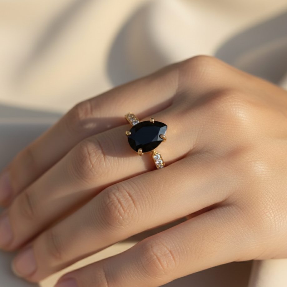 Natural Black Onyx Ring | Handmade 925 Sterling Silver CZ Ring | Minimalist Fine Jewelry.