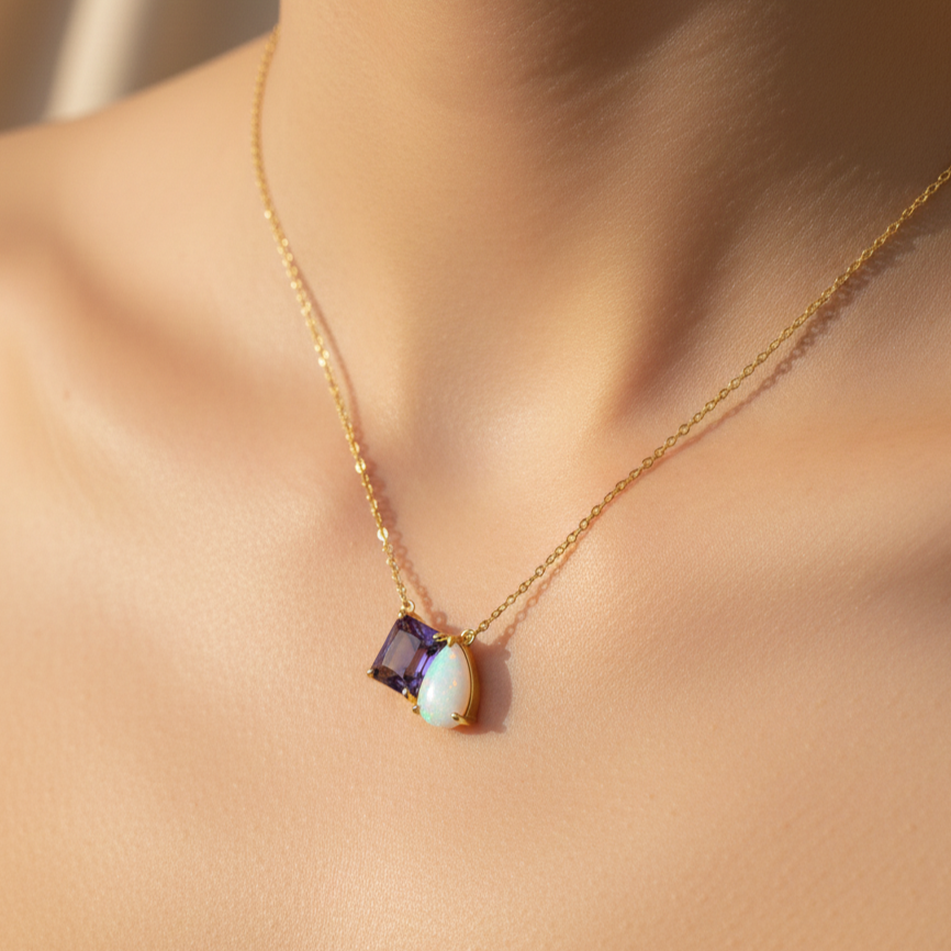 Natural Amethyst & Opal Necklace | Handmade 925 Sterling Silver Necklace | Minimalist Fine Jewelry.