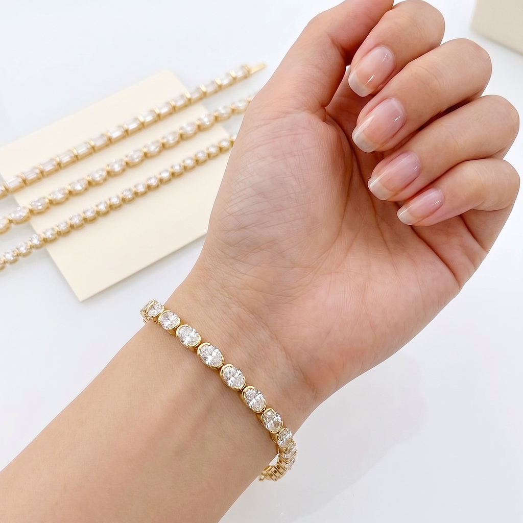 CZ Tennis Bracelet, Oval Cut CZ 925 Sterling Silver Bracelet, Gold Finish Tennis Jewelry, Sparkling Bridal Bracelet, Gift for Her