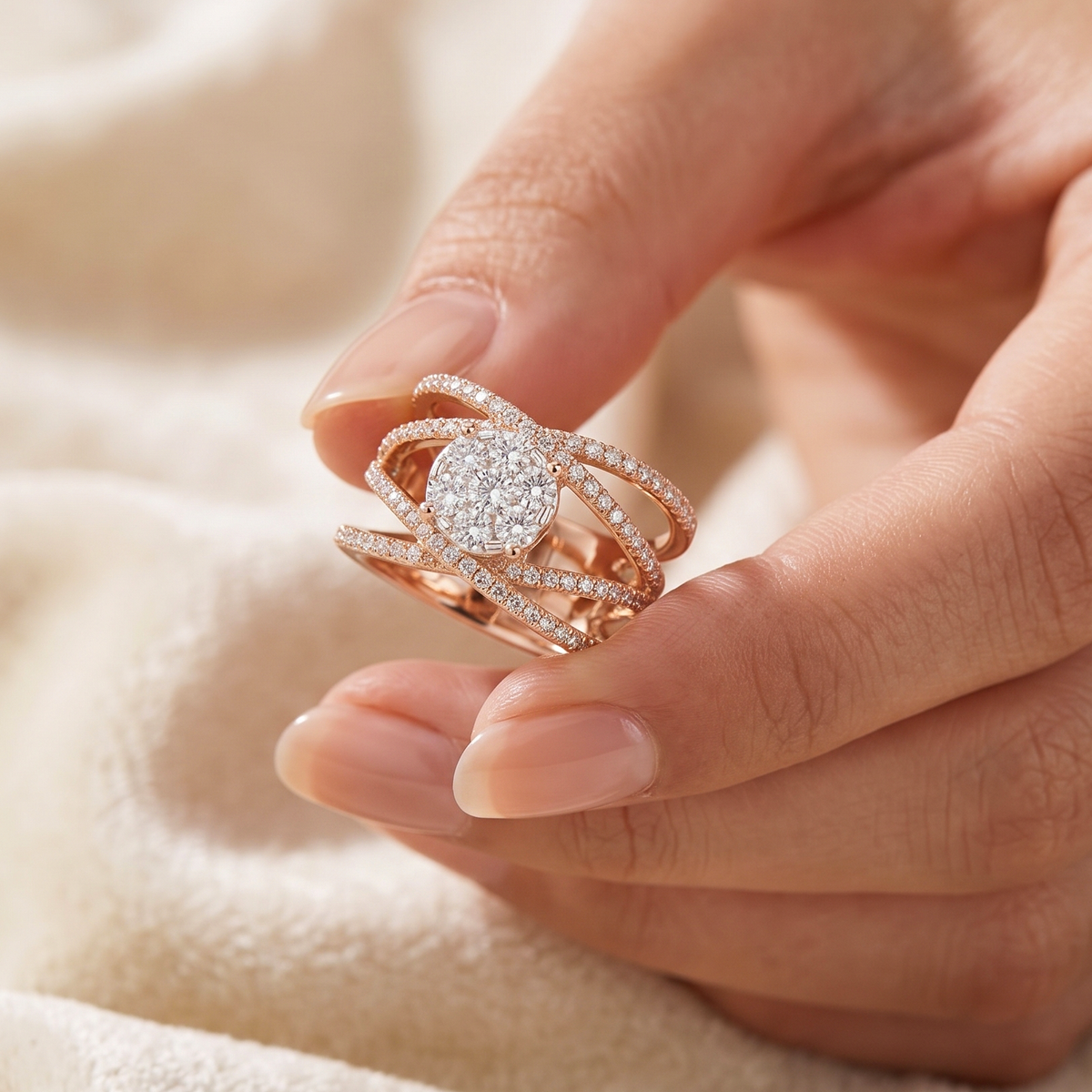 CZ Stacking Band Ring, Rose Gold Plated Statement Ring, Round CZ Cluster Ring, Criss Cross Bridal Ring, Sparkling Cocktail Ring for Women