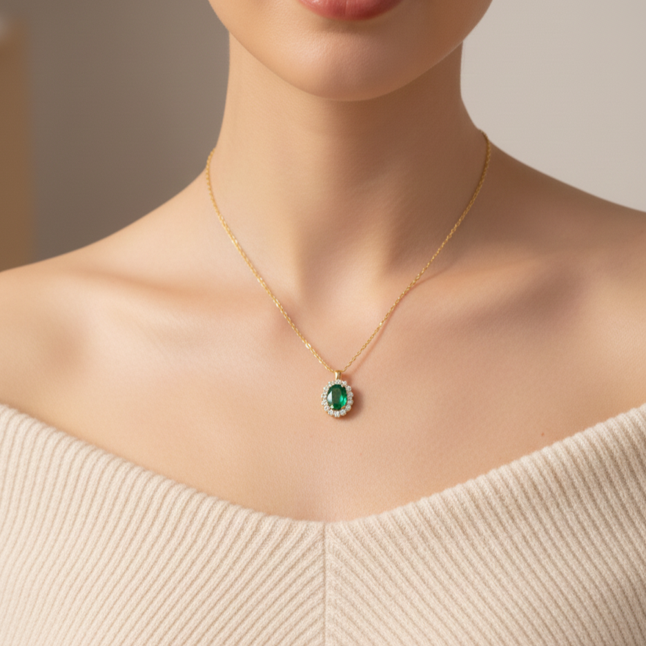 Handmade Emerald & Cubic Zirconia Pendant | 925 Sterling Silver Pendant | Minimalist Fine Jewelry.