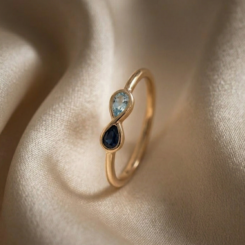 Blue Sapphire & Aquamarine Infinity Ring | Handmade Yellow Gold Plated Ring | Minimalist Jewelry | Birthday Gift.