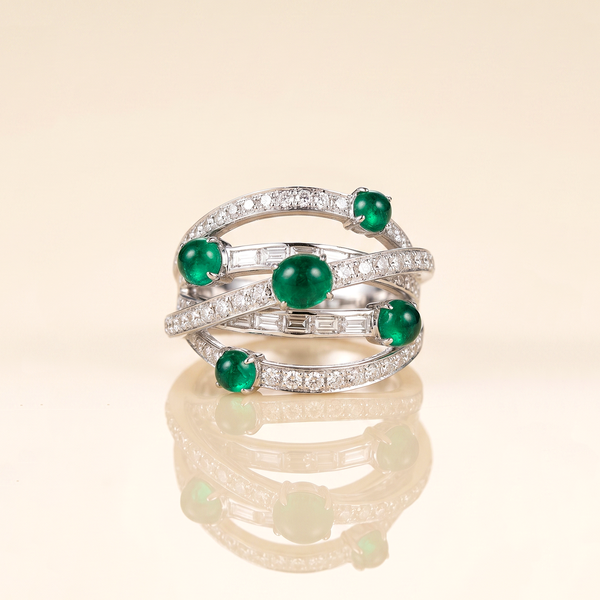 Green Emerald & CZ Statement Ring, 925 Sterling Silver Multi Band Ring, Round Emerald Cocktail Ring, Wide Anniversary Ring, Gift for Her
