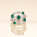 Green Emerald & CZ Statement Ring, 925 Sterling Silver Multi Band Ring, Round Emerald Cocktail Ring, Wide Anniversary Ring, Gift for Her