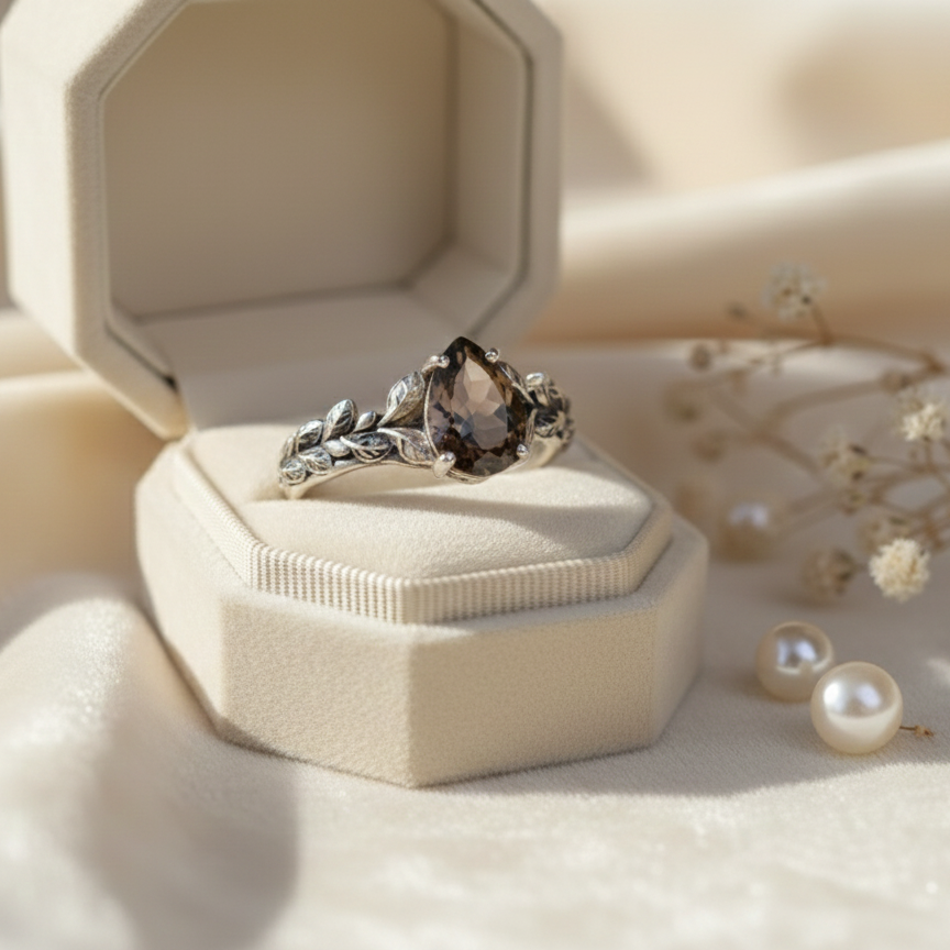 Natural Smoky Quartz Leaf Branch Ring | Handmade 925 Sterling Silver Ring | Minimalist Fine Jewelry.