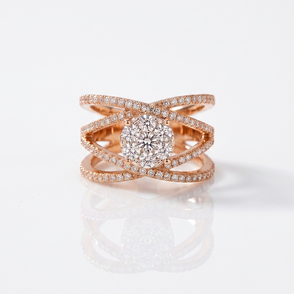 CZ Stacking Band Ring, Rose Gold Plated Statement Ring, Round CZ Cluster Ring, Criss Cross Bridal Ring, Sparkling Cocktail Ring for Women