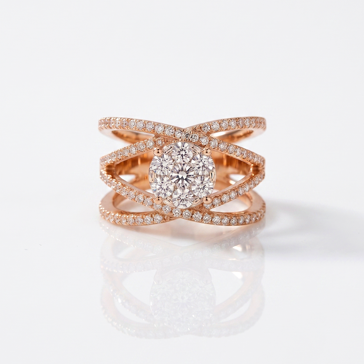 CZ Stacking Band Ring, Rose Gold Plated Statement Ring, Round CZ Cluster Ring, Criss Cross Bridal Ring, Sparkling Cocktail Ring for Women