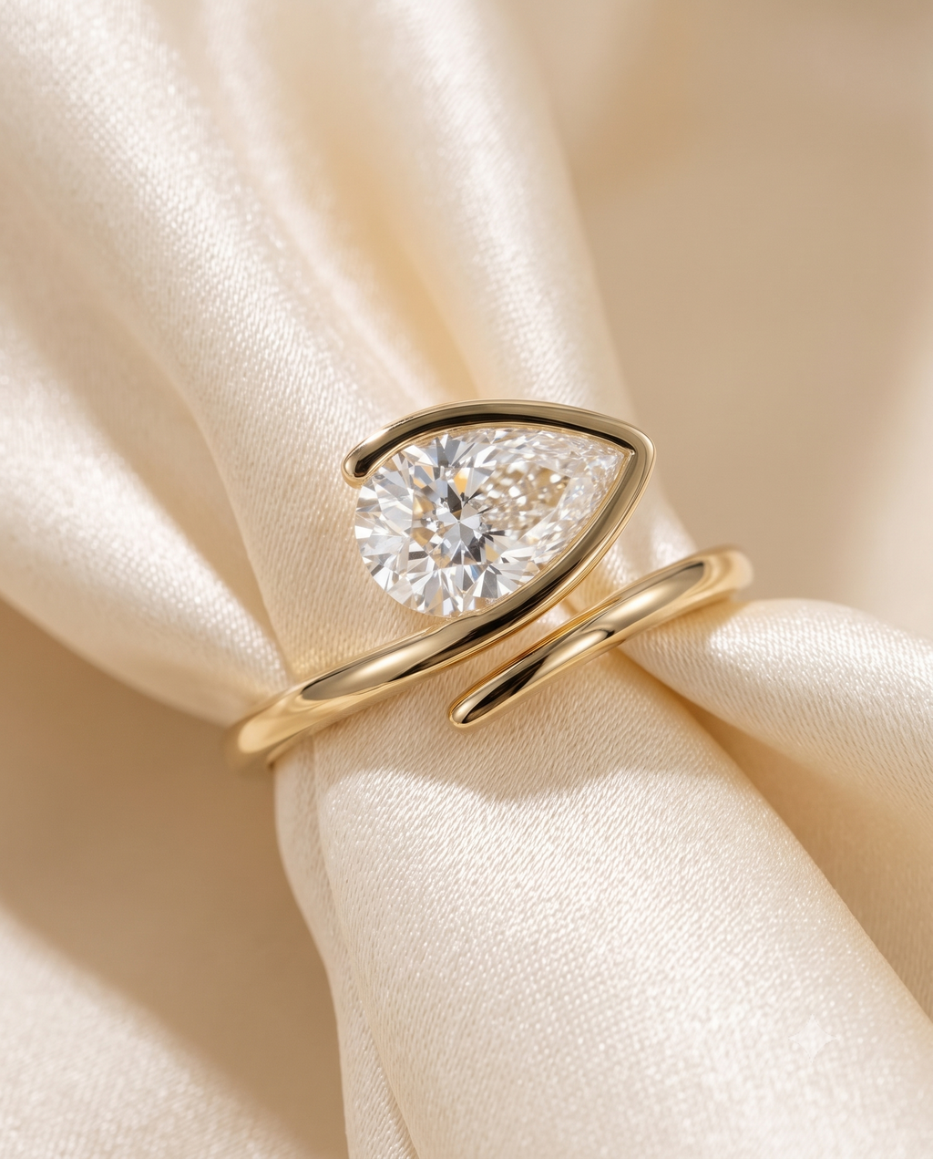 Pear Cut CZ Adjustable Ring, 925 Sterling Silver Wrap Ring, Yellow Gold Plated Open Ring, Teardrop Statement Ring, Gift for Her