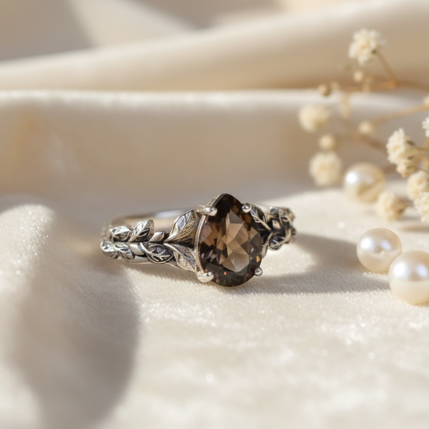 Natural Smoky Quartz Leaf Branch Ring | Handmade 925 Sterling Silver Ring | Minimalist Fine Jewelry.