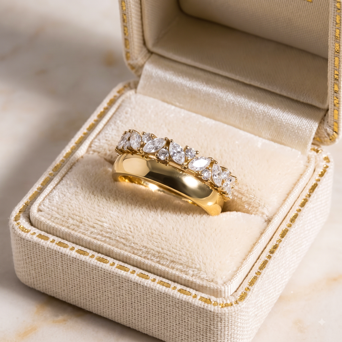 CZ Stacking Band Ring, 925 Sterling Silver Marquise CZ Ring, Yellow Gold Plated Wide Band, Leaf Wedding Ring, Anniversary Ring for Women