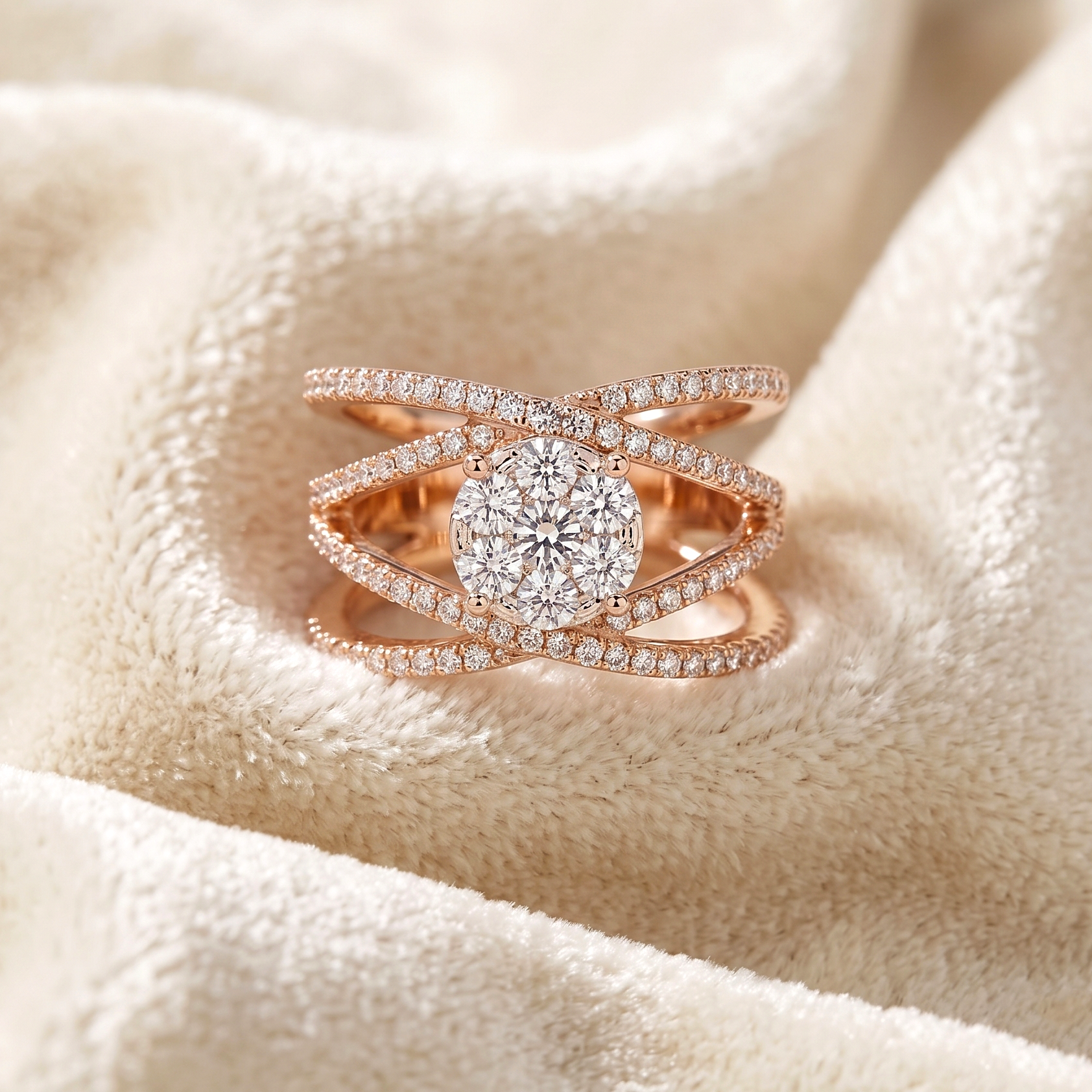 CZ Stacking Band Ring, Rose Gold Plated Statement Ring, Round CZ Cluster Ring, Criss Cross Bridal Ring, Sparkling Cocktail Ring for Women