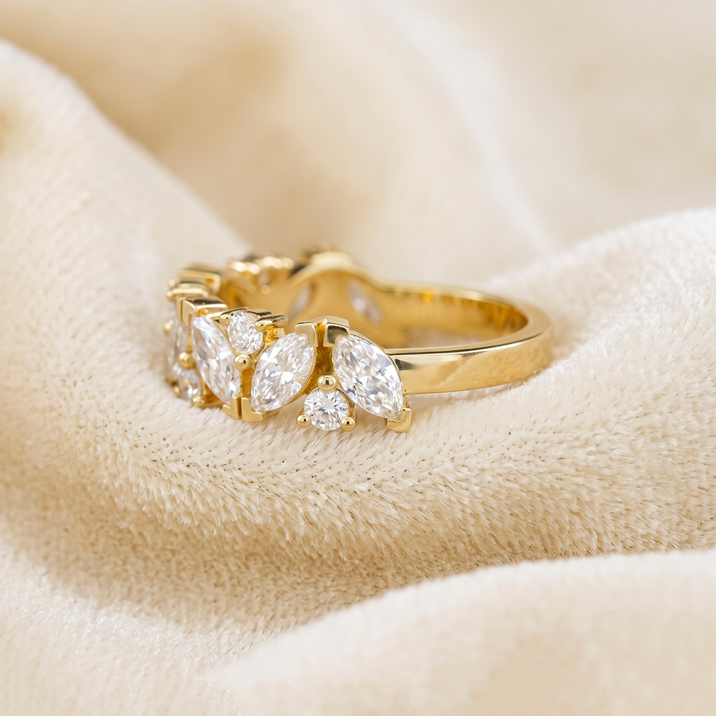 CZ Leaf Ring, 925 Sterling Silver Marquise Stone Band, Gold Plated Floral Ring, Sparkling Wedding Band, Anniversary Ring for Women