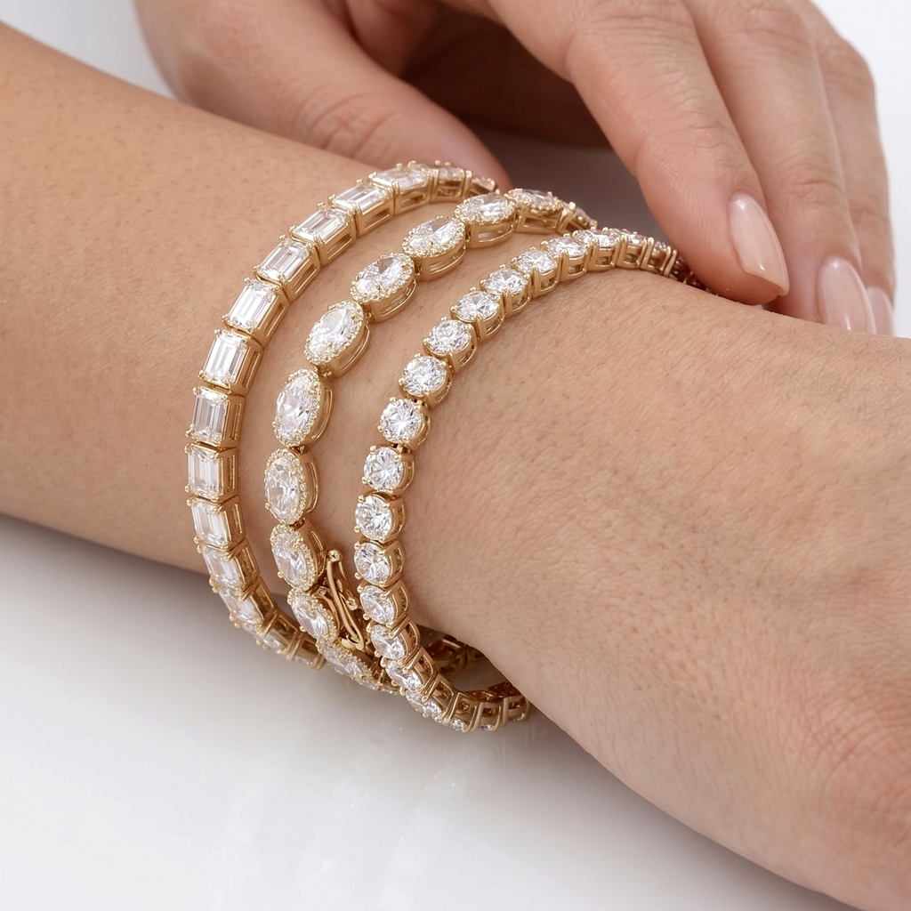 CZ Tennis Bracelet, Round Cut Cubic Zirconia 925 Sterling Silver Bracelet, Prong Set Gold Finish Tennis Jewelry, Gift for Her