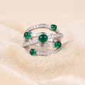 Green Emerald & CZ Statement Ring, 925 Sterling Silver Multi Band Ring, Round Emerald Cocktail Ring, Wide Anniversary Ring, Gift for Her