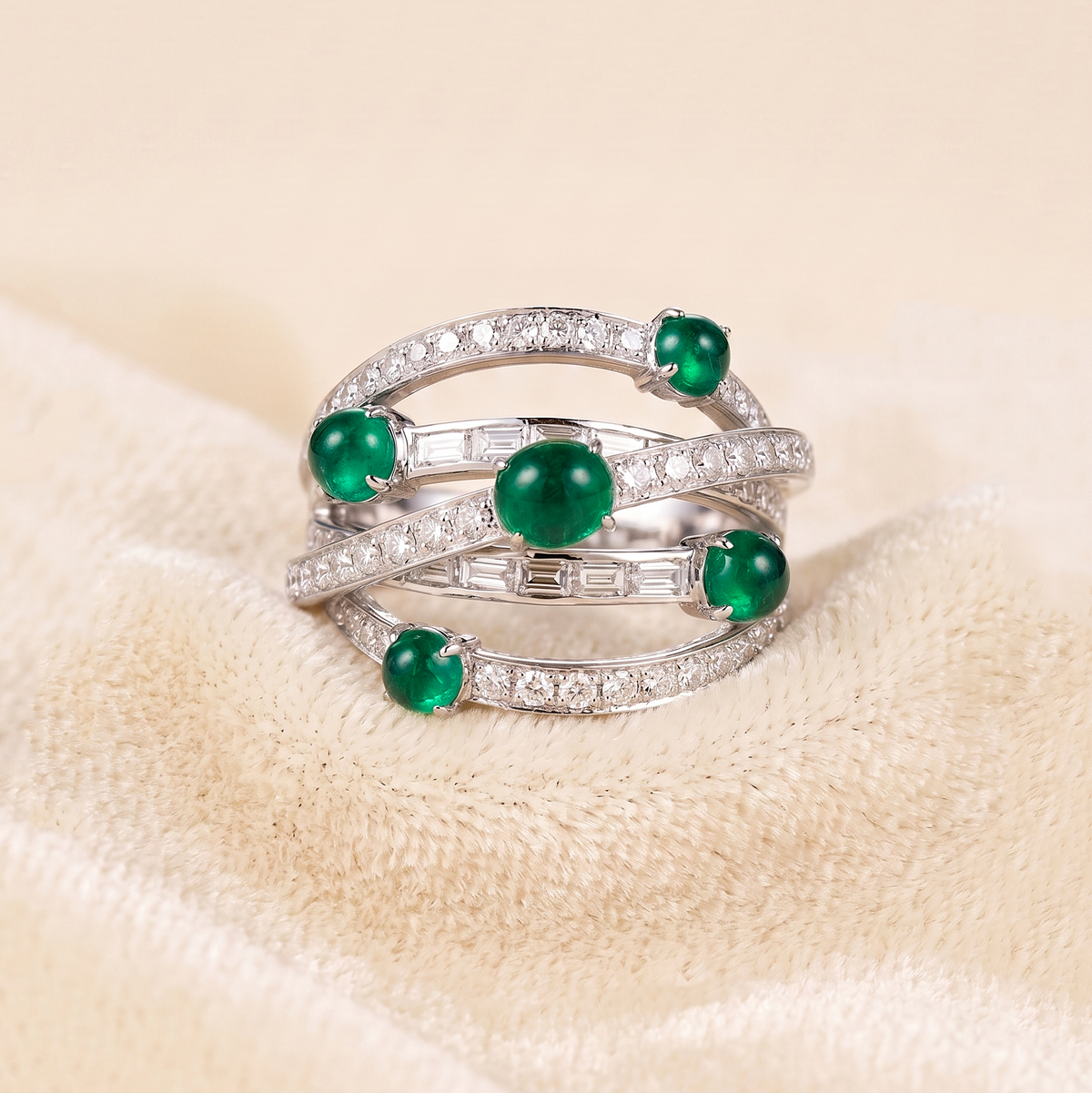 Green Emerald & CZ Statement Ring, 925 Sterling Silver Multi Band Ring, Round Emerald Cocktail Ring, Wide Anniversary Ring, Gift for Her