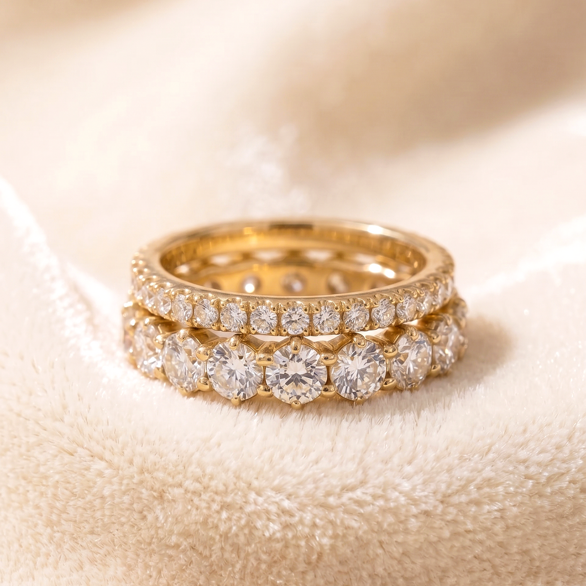 CZ Stacking Band Ring, Yellow Gold Plated Sterling Silver Ring, Two Stone Wedding Band Set, Stackable Anniversary Ring, Bridal Jewelry