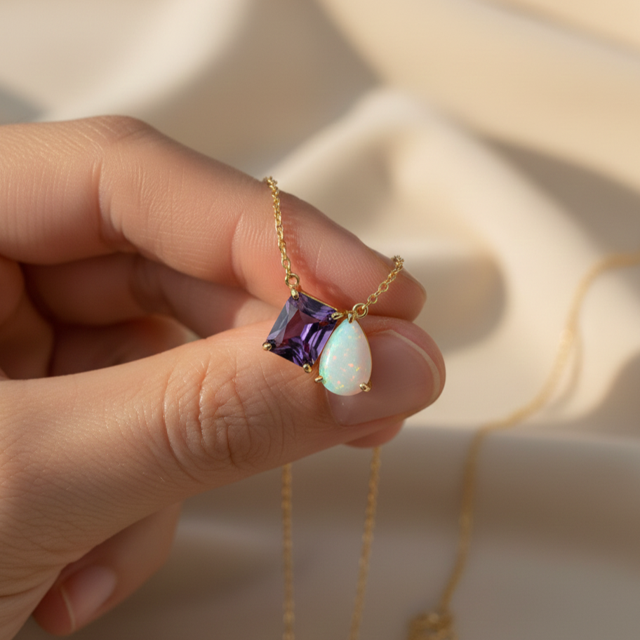 Natural Amethyst & Opal Necklace | Handmade 925 Sterling Silver Necklace | Minimalist Fine Jewelry.