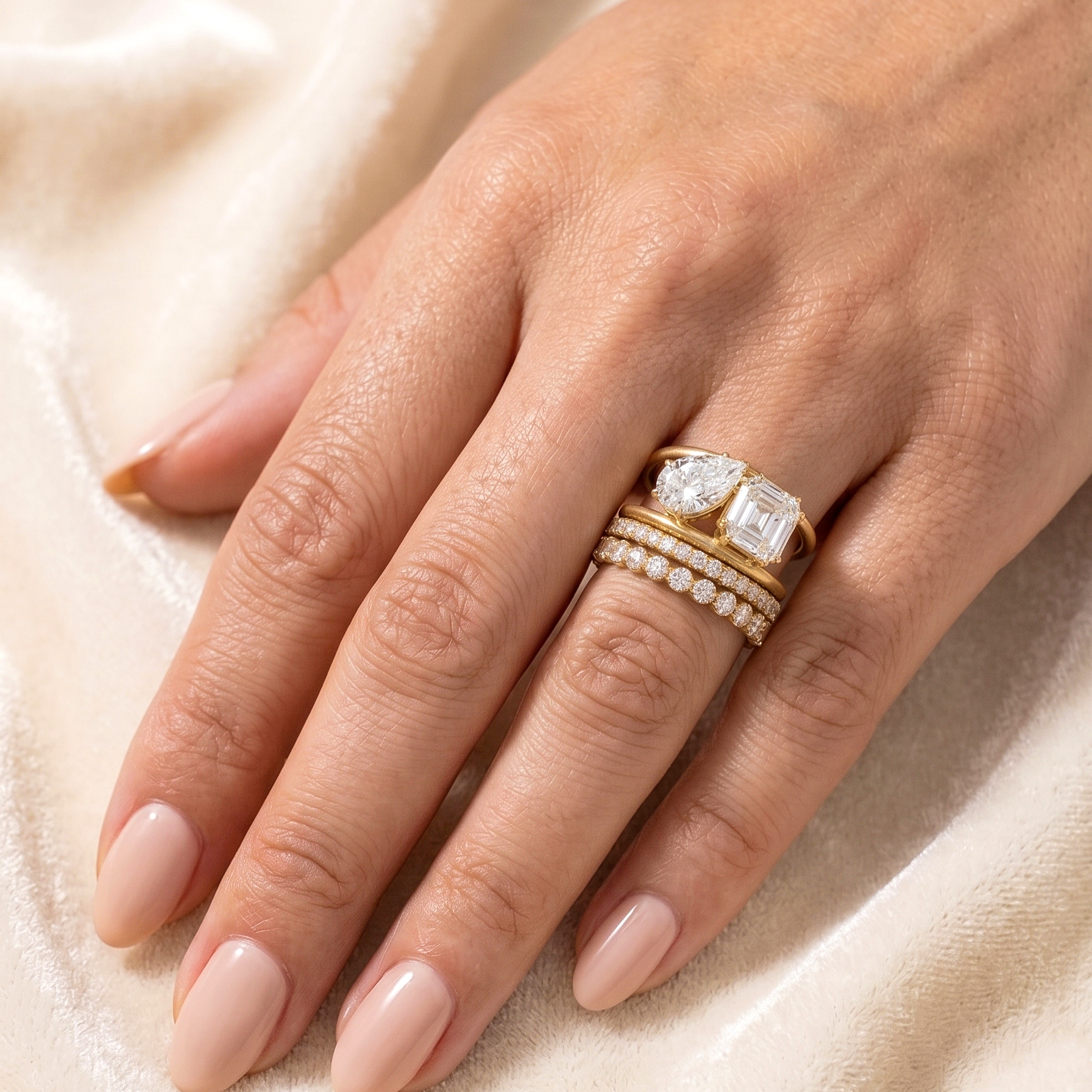 CZ Stacking Band Ring, Yellow Gold Plated Sterling Silver Ring, Two Stone Wedding Band Set, Stackable Anniversary Ring, Bridal Jewelry