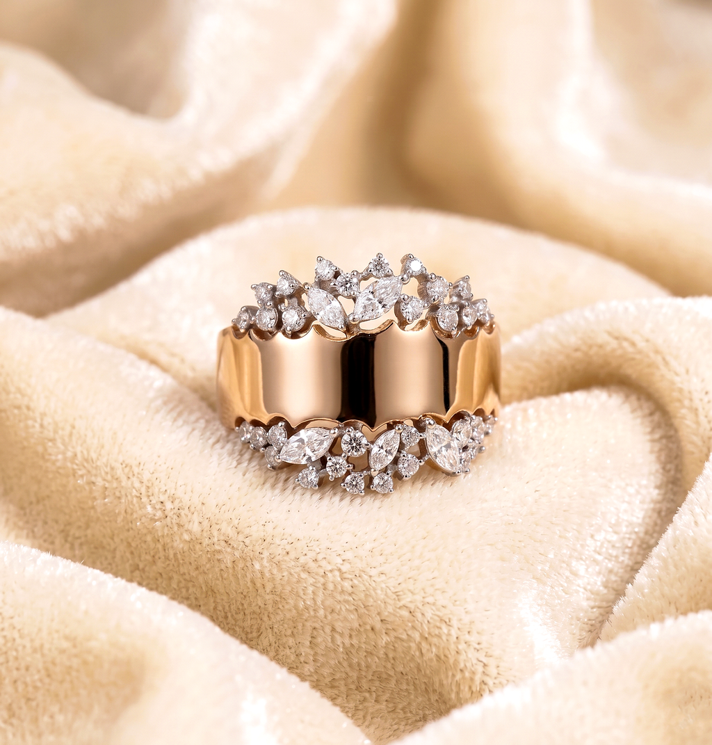 CZ Statement Ring, 925 Sterling Silver Wide Band Ring, Floral Leaf CZ Ring, Rose Gold Plated Cocktail Ring, Sparkling Wedding Ring for Women