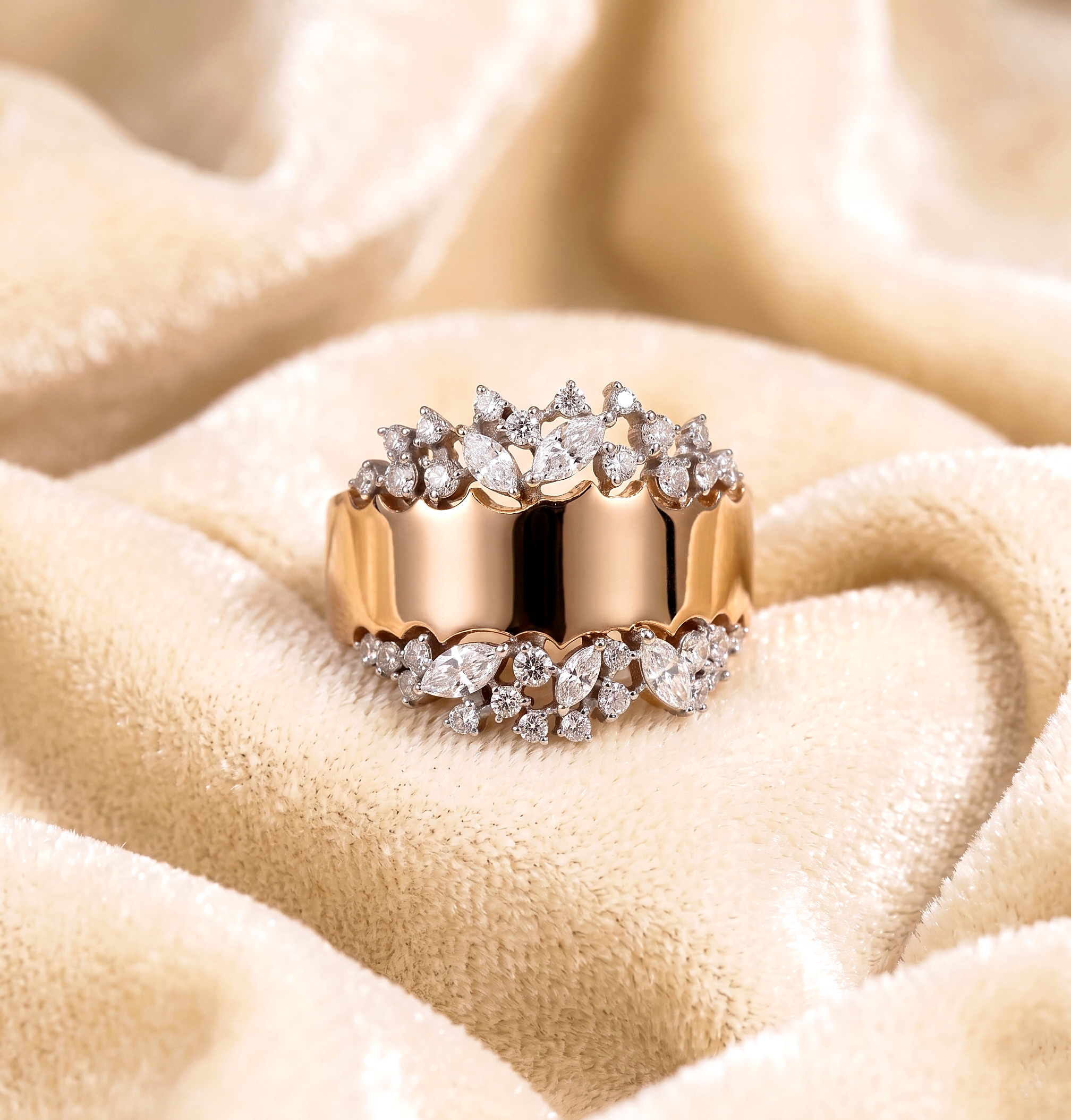 CZ Statement Ring, 925 Sterling Silver Wide Band Ring, Floral Leaf CZ Ring, Rose Gold Plated Cocktail Ring, Sparkling Wedding Ring for Women