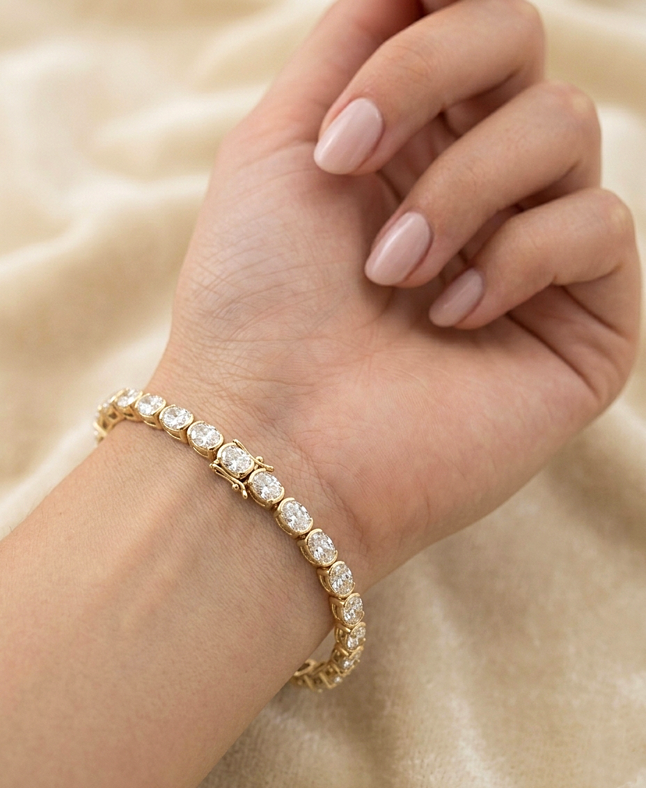 CZ Tennis Bracelet, Oval Cut CZ 925 Sterling Silver Bracelet, Gold Finish Tennis Jewelry, Sparkling Bridal Bracelet, Gift for Her