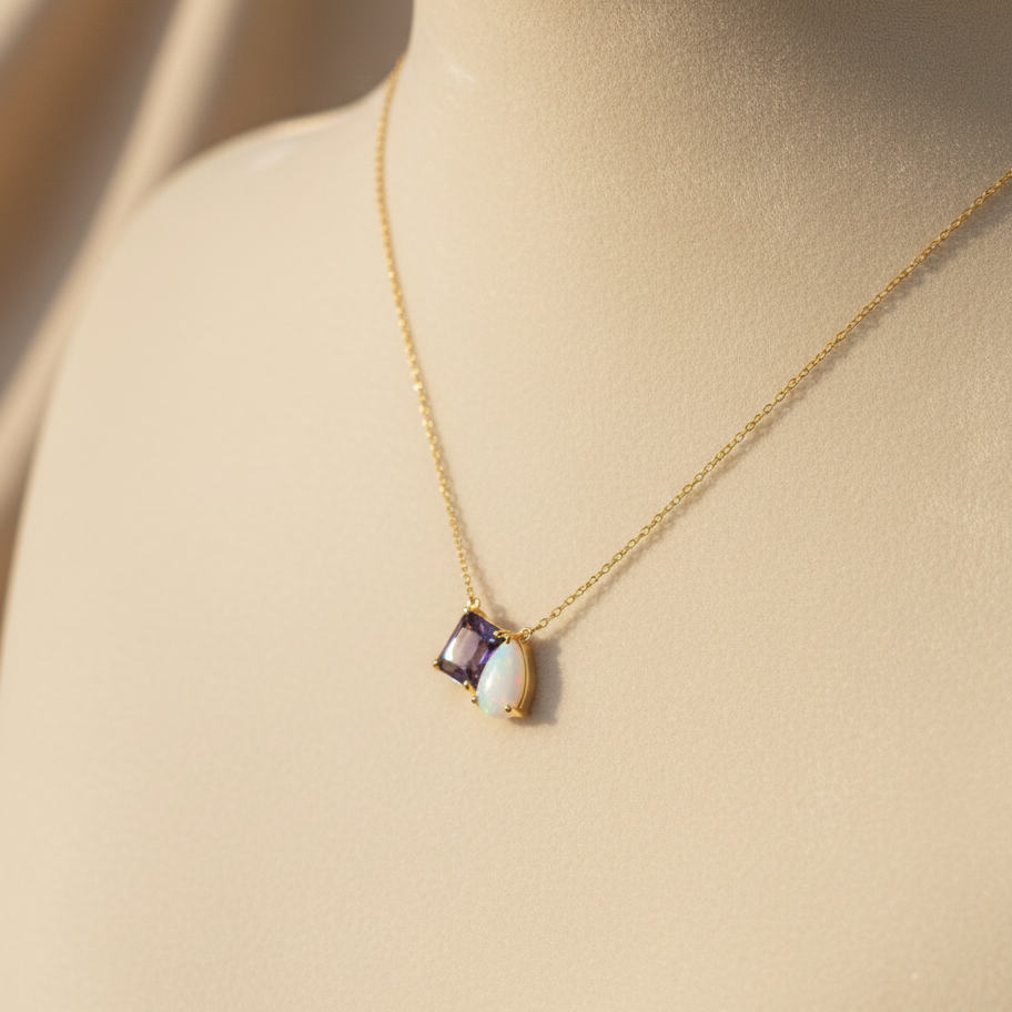 Natural Amethyst & Opal Necklace | Handmade 925 Sterling Silver Necklace | Minimalist Fine Jewelry.