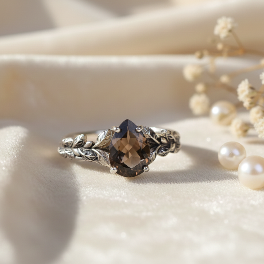 Natural Smoky Quartz Leaf Branch Ring | Handmade 925 Sterling Silver Ring | Minimalist Fine Jewelry.
