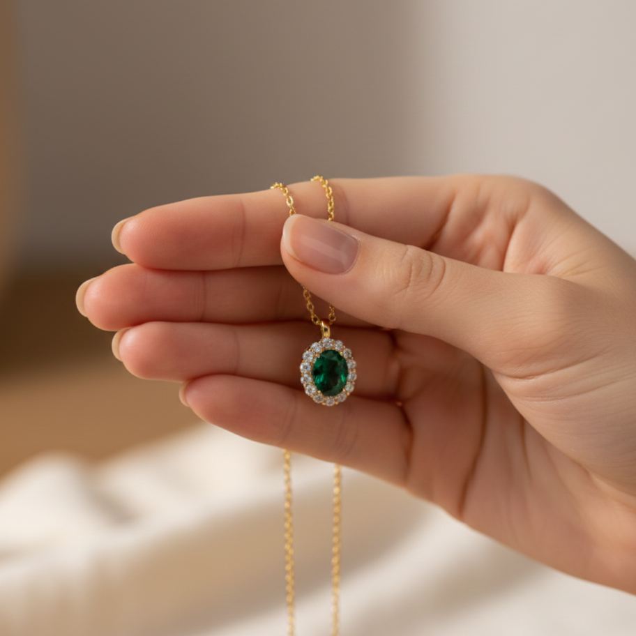 Handmade Emerald & Cubic Zirconia Pendant | 925 Sterling Silver Pendant | Minimalist Fine Jewelry.