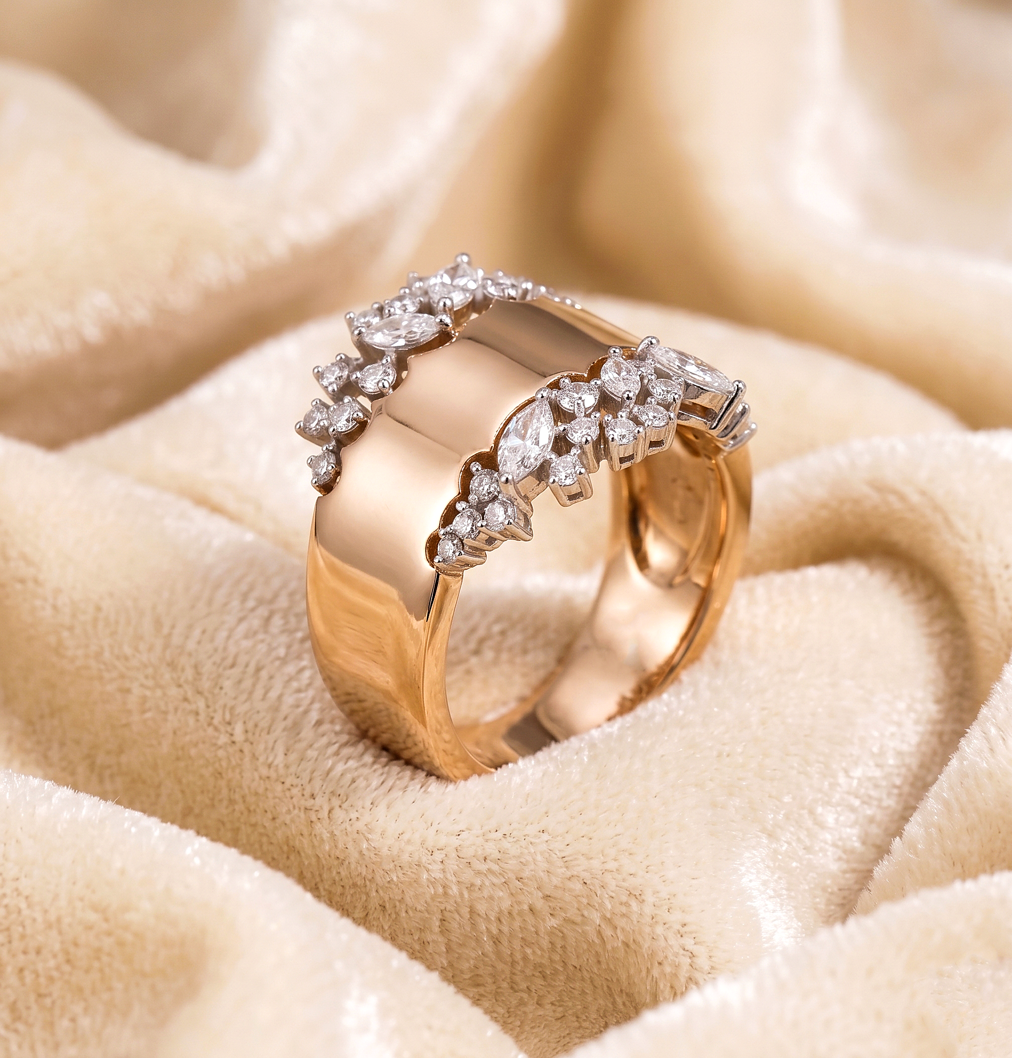 CZ Statement Ring, 925 Sterling Silver Wide Band Ring, Floral Leaf CZ Ring, Rose Gold Plated Cocktail Ring, Sparkling Wedding Ring for Women