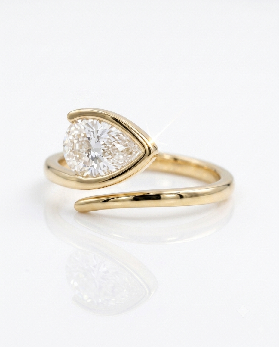 Pear Cut CZ Adjustable Ring, 925 Sterling Silver Wrap Ring, Yellow Gold Plated Open Ring, Teardrop Statement Ring, Gift for Her