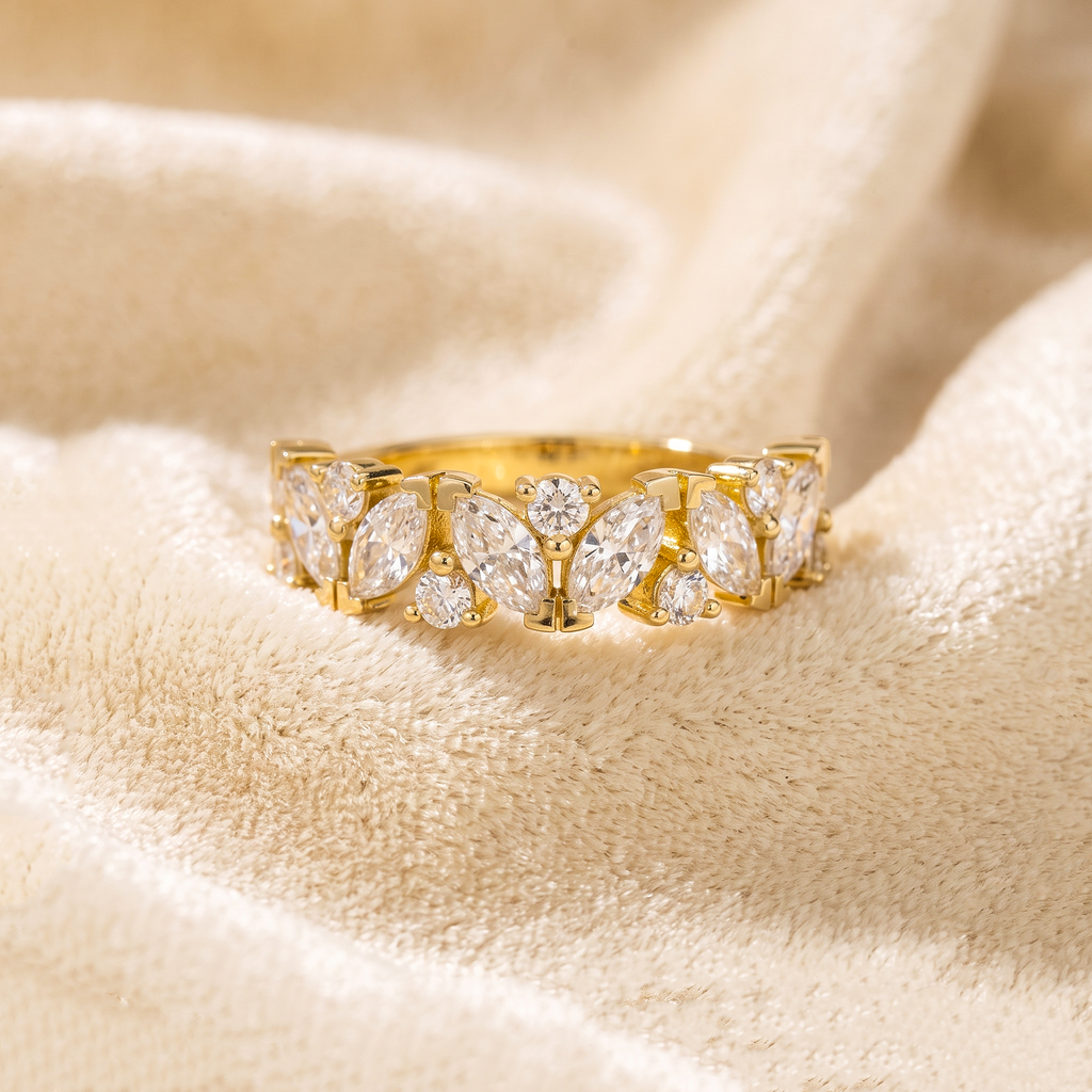 CZ Stacking Band Ring, 925 Sterling Silver Marquise CZ Ring, Yellow Gold Plated Wide Band, Leaf Wedding Ring, Anniversary Ring for Women