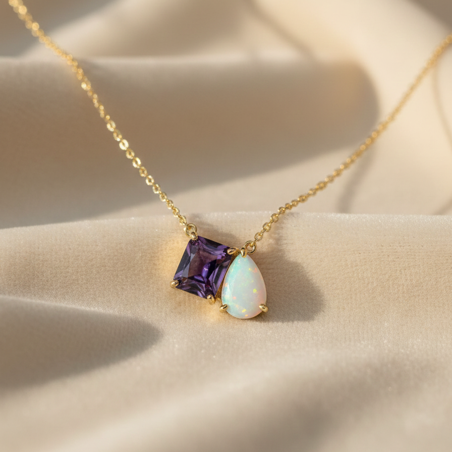 Natural Amethyst & Opal Necklace | Handmade 925 Sterling Silver Necklace | Minimalist Fine Jewelry.