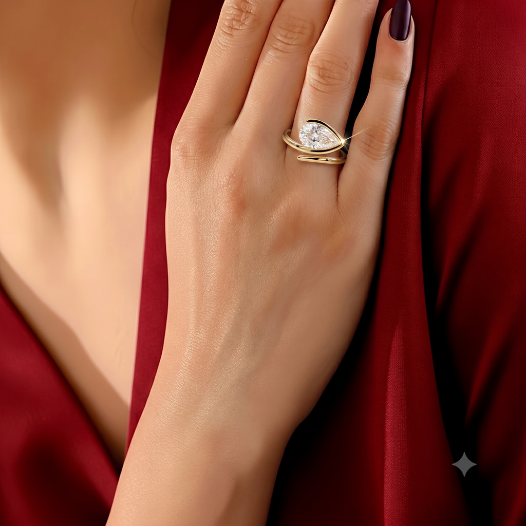 Pear Cut CZ Adjustable Ring, 925 Sterling Silver Wrap Ring, Yellow Gold Plated Open Ring, Teardrop Statement Ring, Gift for Her
