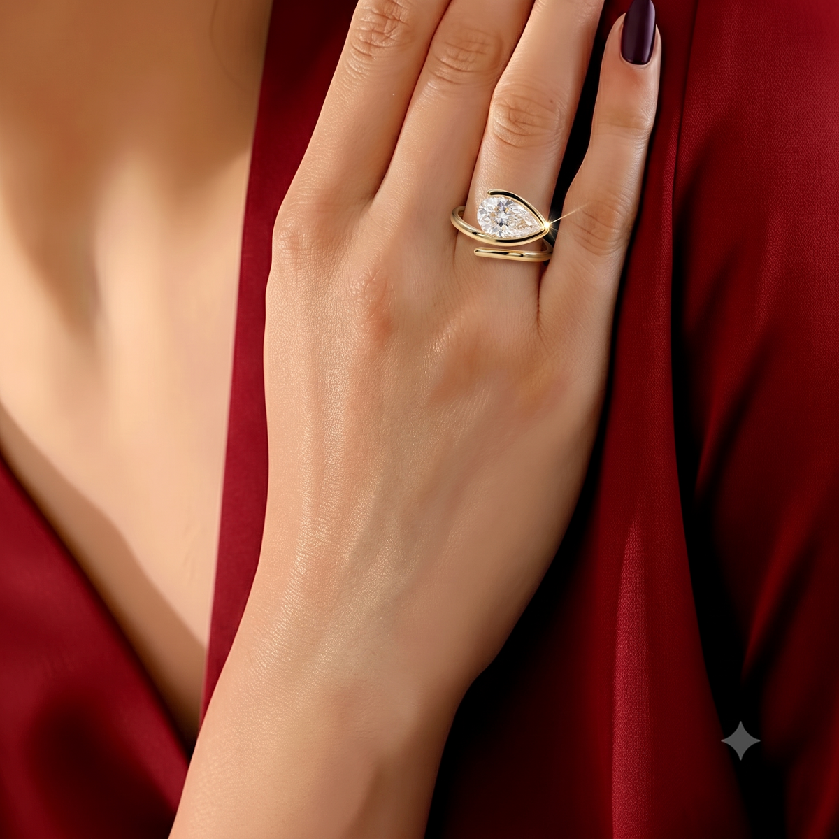 Pear Cut CZ Adjustable Ring, 925 Sterling Silver Wrap Ring, Yellow Gold Plated Open Ring, Teardrop Statement Ring, Gift for Her