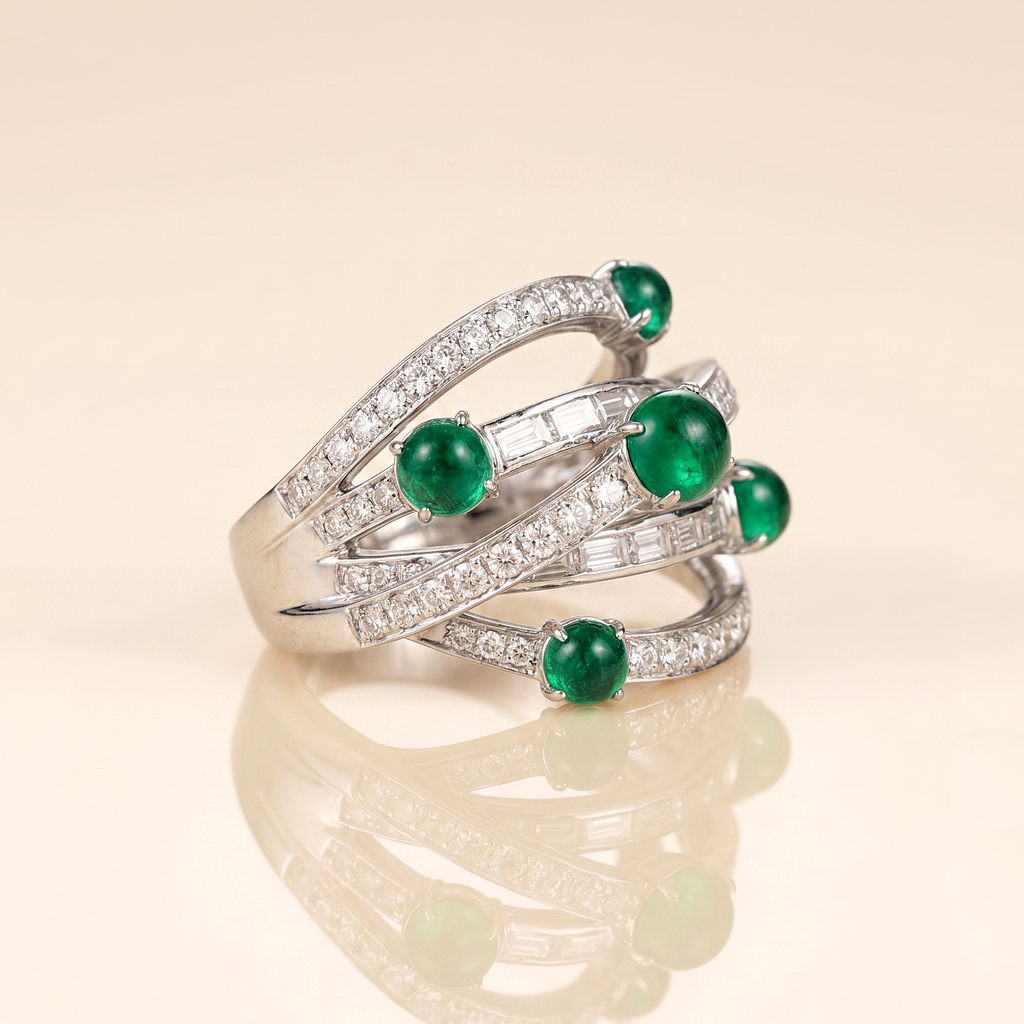 Green Emerald & CZ Statement Ring, 925 Sterling Silver Multi Band Ring, Round Emerald Cocktail Ring, Wide Anniversary Ring, Gift for Her