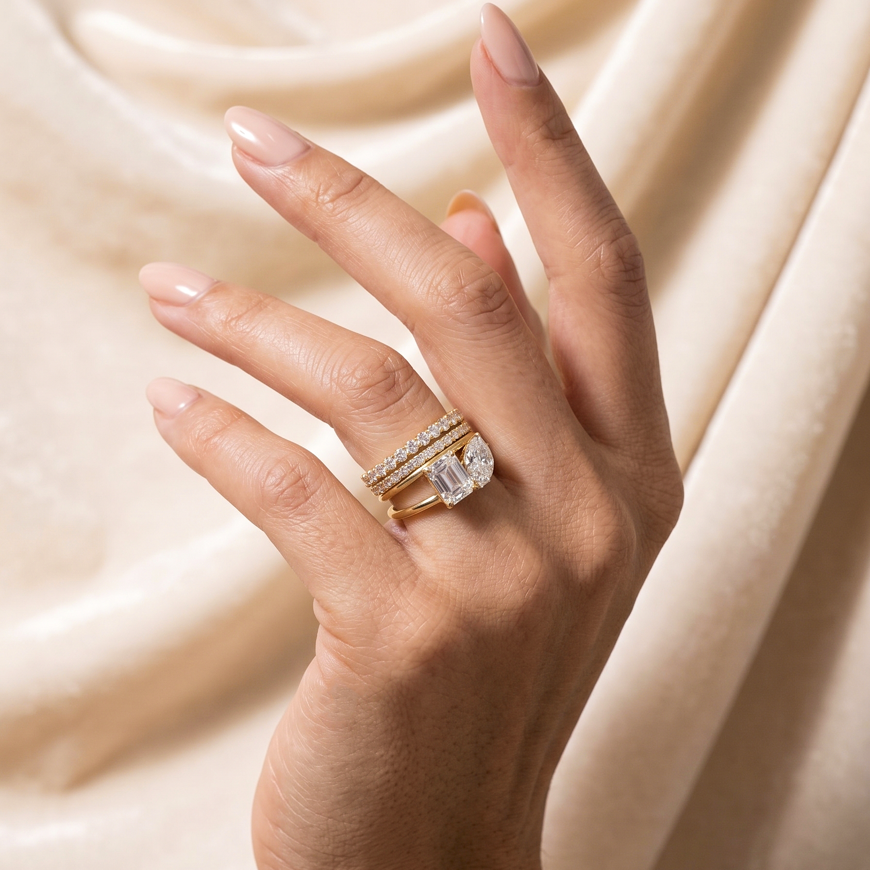 CZ Stacking Band Ring, Yellow Gold Plated Sterling Silver Ring, Two Stone Wedding Band Set, Stackable Anniversary Ring, Bridal Jewelry