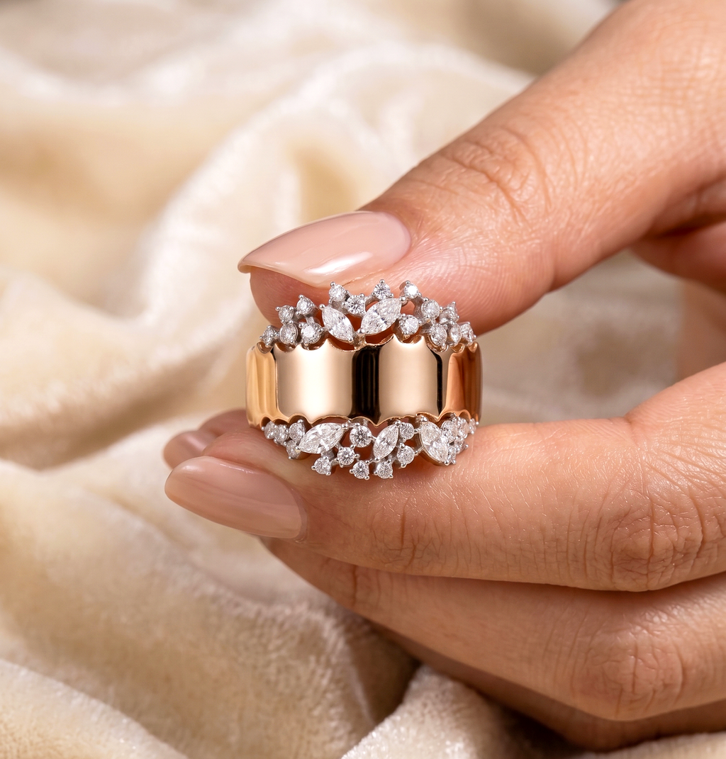 CZ Statement Ring, 925 Sterling Silver Wide Band Ring, Floral Leaf CZ Ring, Rose Gold Plated Cocktail Ring, Sparkling Wedding Ring for Women