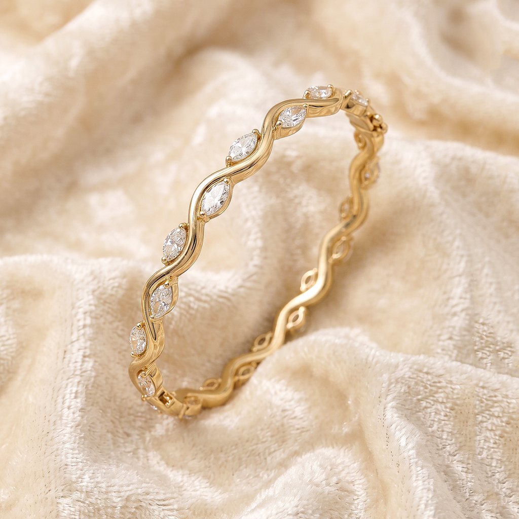 CZ Silver Bangle Bracelet, Marquise Stone 925 Sterling Silver Bracelet, Wavy Hinged Bangle, Dainty Bridal Jewelry, Gift for Her
