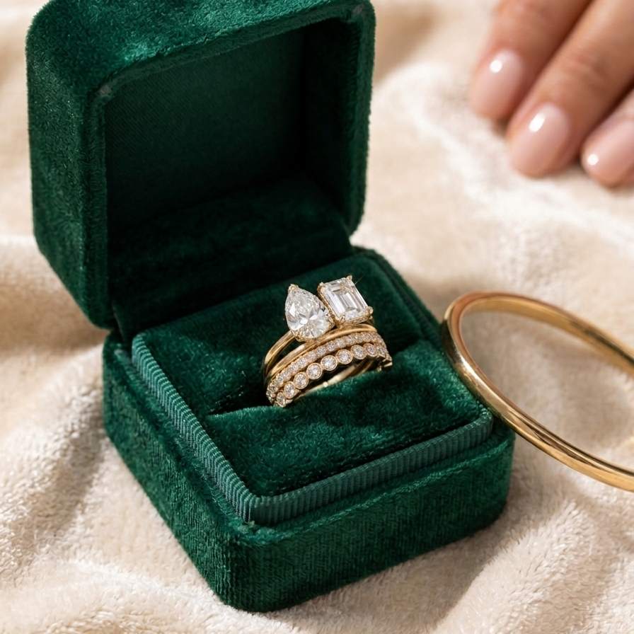 CZ Stacking Band Ring, Yellow Gold Plated Sterling Silver Ring, Two Stone Wedding Band Set, Stackable Anniversary Ring, Bridal Jewelry
