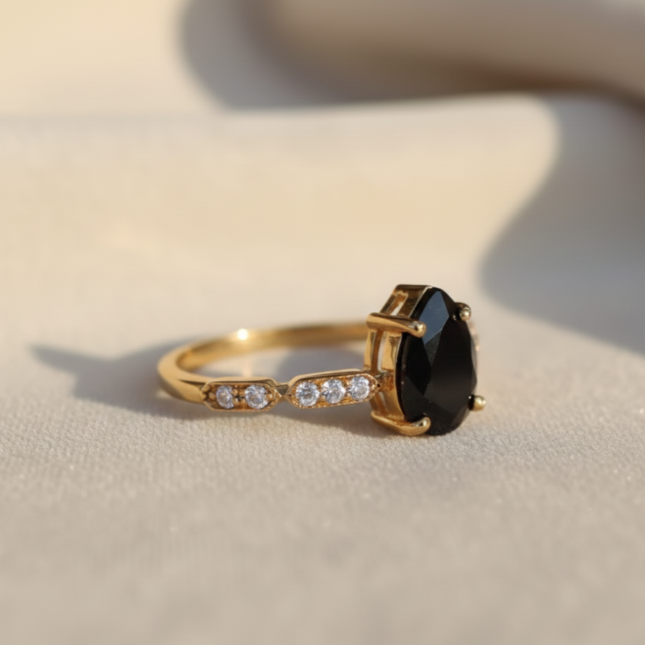 Natural Black Onyx Ring | Handmade 925 Sterling Silver CZ Ring | Minimalist Fine Jewelry.